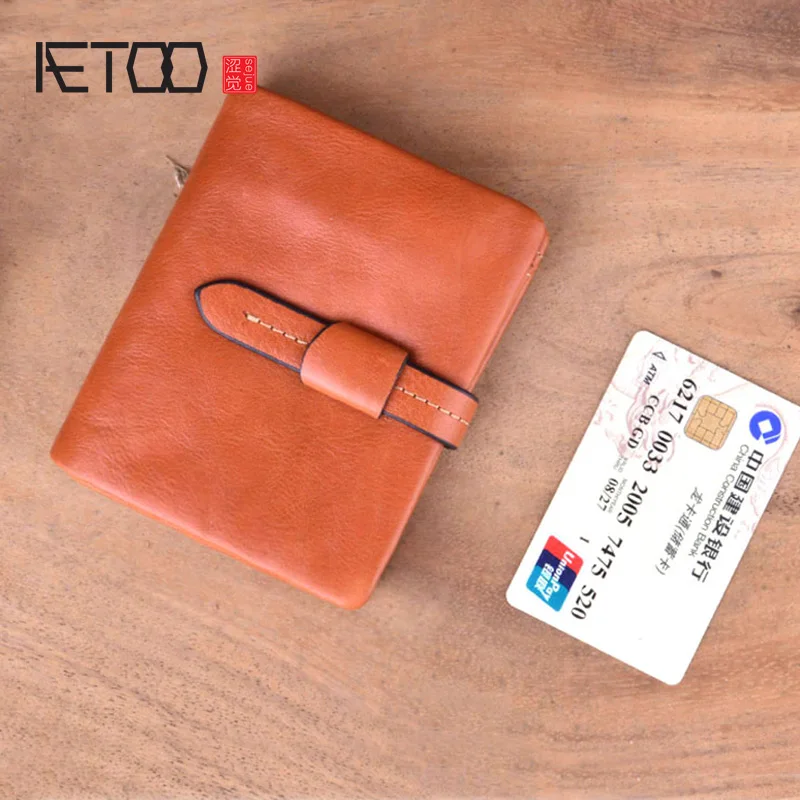 Кожаный мужской кошелек AETOO винтажный короткий кожаный бумажник с пряжкой ручной