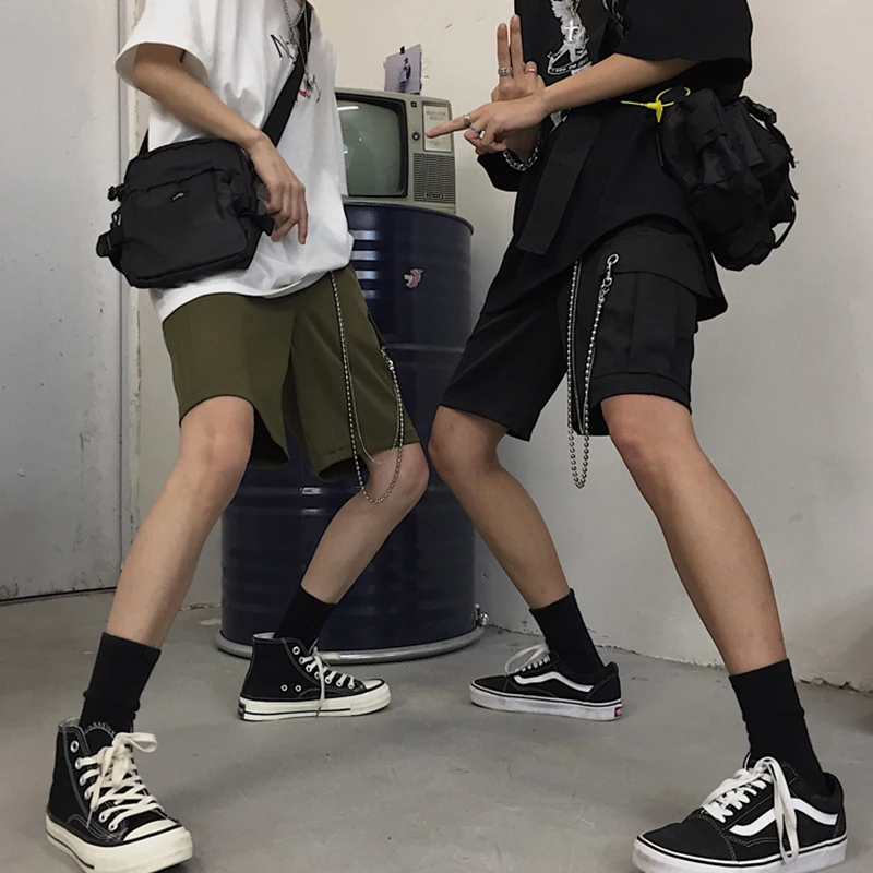 

Women's Loose Boyfriend Overalls Pants With Chain Streetwear Black&Green Knee Leagth Pocket Pants Female Fashion Tide Clothes