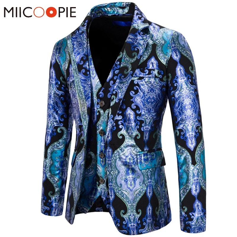 

High Quality Blazer Suit Set For Men Two Pieces Floral Blazers + Vest Noble Style Gold Bronzing Printed Slim Fit Costume Homme