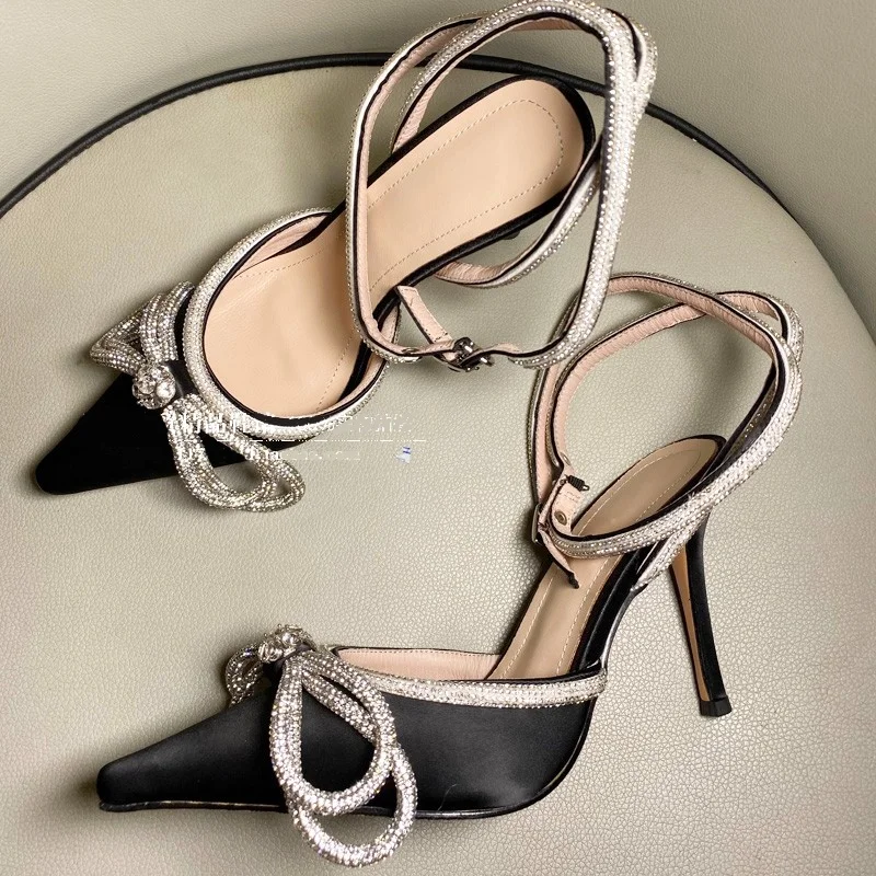 

Luxury Crystal Bowtie Cross Strap High Heel Sandals Pointed Toe Cut-out Pink Black White Rhinestone Wedding Shoes Birde Party