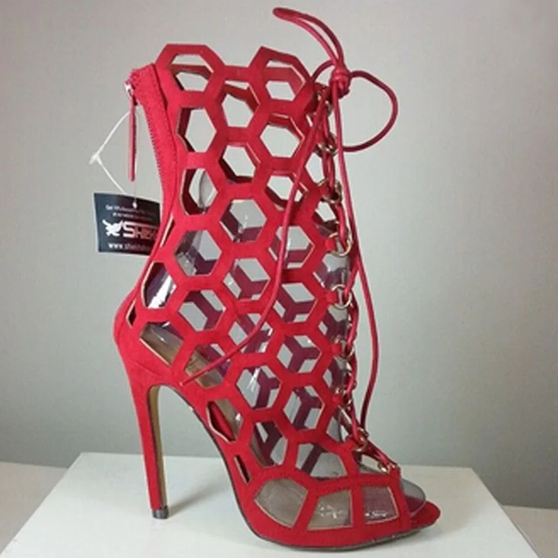 

Woman Hot Selling Peep Toe Lace up Gladiator Sandal Boots Fashion Cut-outs Thin Heel Ankle Boots