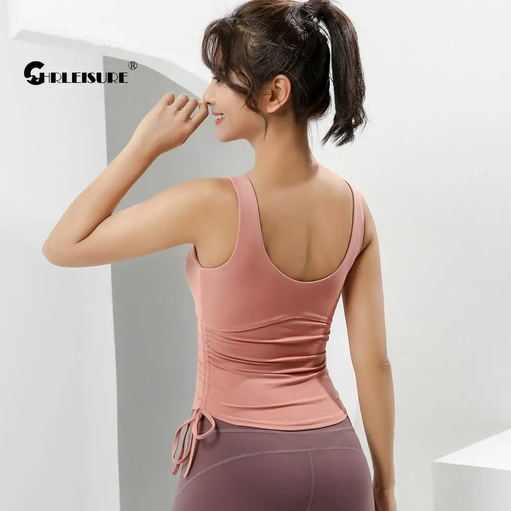 

CHRLEISURE Drawstring Sports Top Widened Shoulder Straps With Chest Pad Fitness Vest U-Shaped Back Breathable Yoga Vest