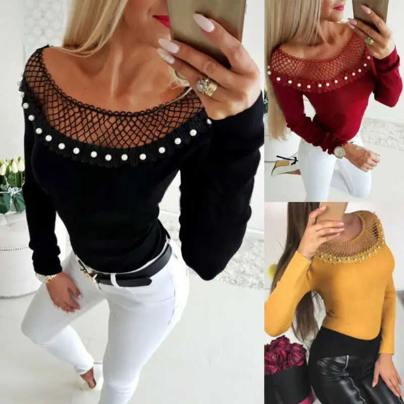 Sexy Women Hollow Out Net Neck Pearls Sweaters Long Sleeve Knit Jumper Tops Solid Slim Beads Pullovers Casual Autumn Knitwear | Женская
