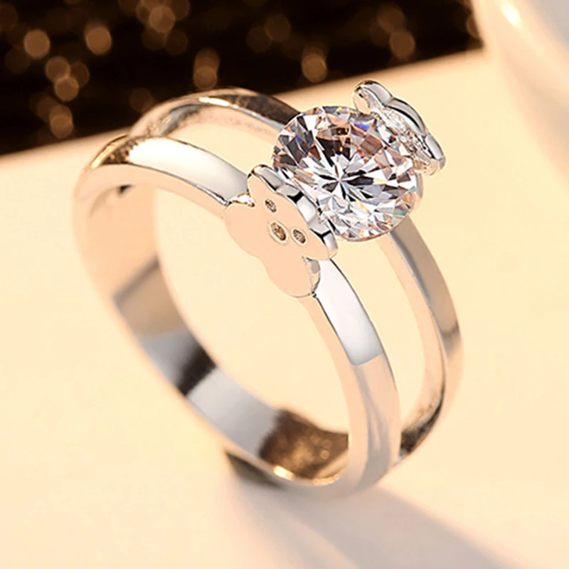

2020 New Wedding Engagement Rings for Women Silver Color Cute Bear Cubic Zircon Party Big Fashion Female Rings Jewelry Gift