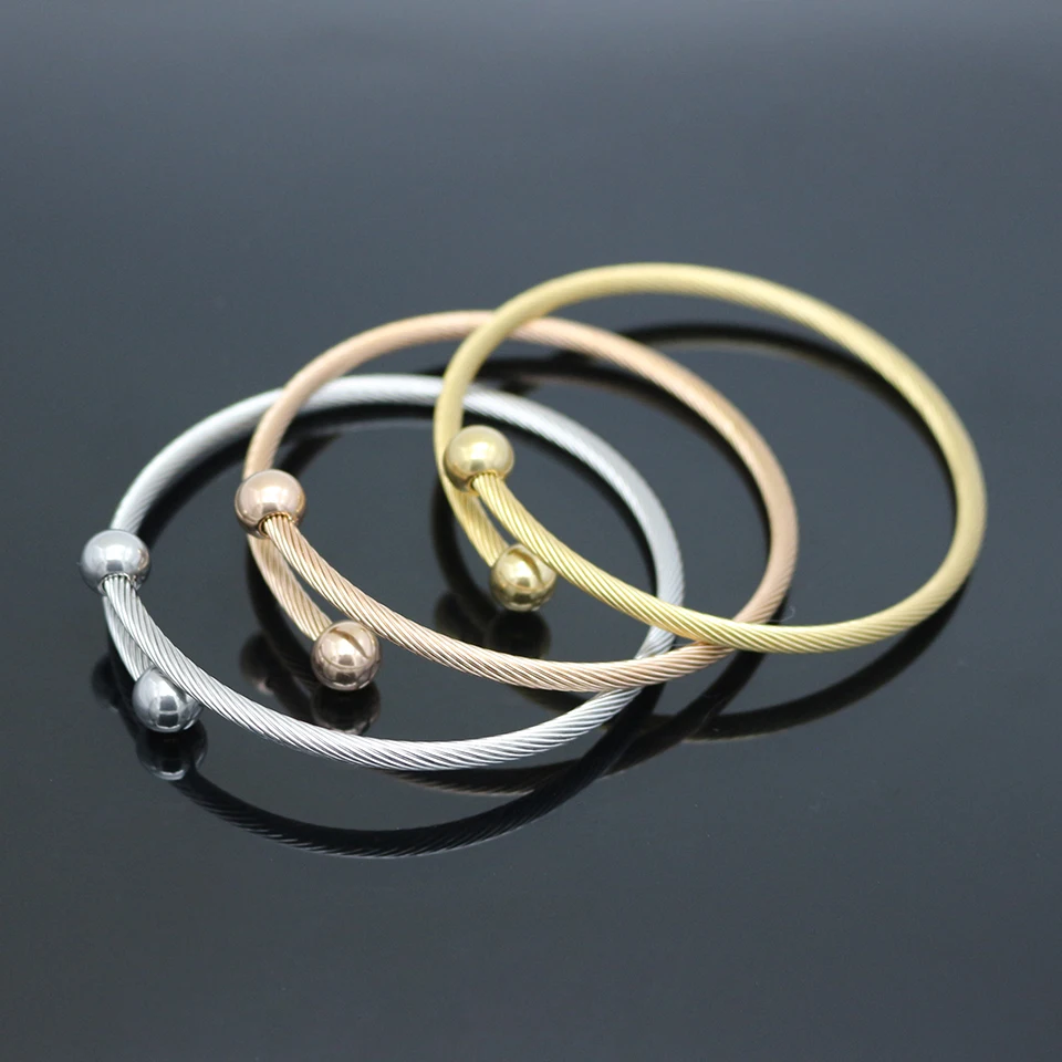 

New Fashion Women Bracelet Gold/Rose/Steel Color Stainless Steel With Bead Braided Steel Wire Cuff Bracelets & Bangles Women