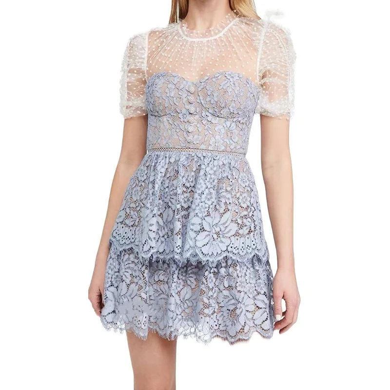 

ZAWFL Women's Self Portrait Mesh Dress Chiffon Short Sleeve A-Line Mini Party Dress Lace Hollow Out Temperament Casual Dress