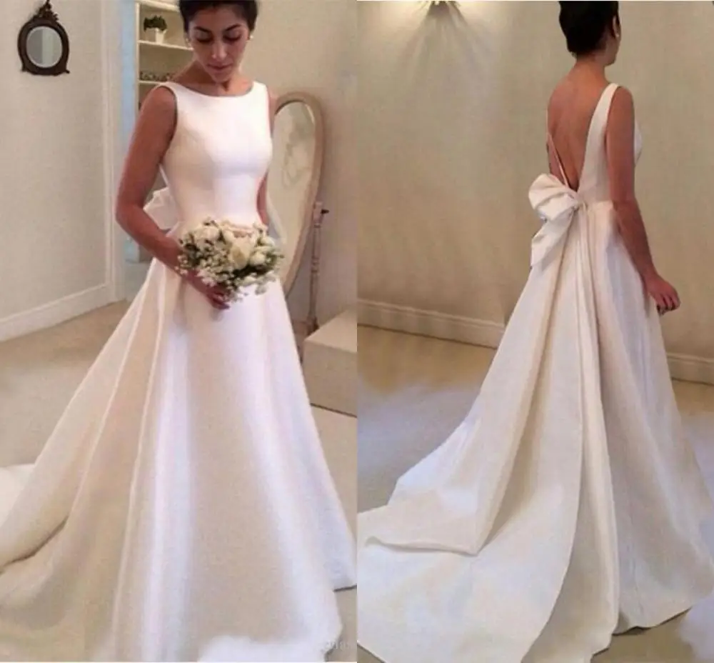 

Simple Bateau Backles A-Line Wedding Dress With Bowknot Sweep Train Bridal Gown robe de mariage