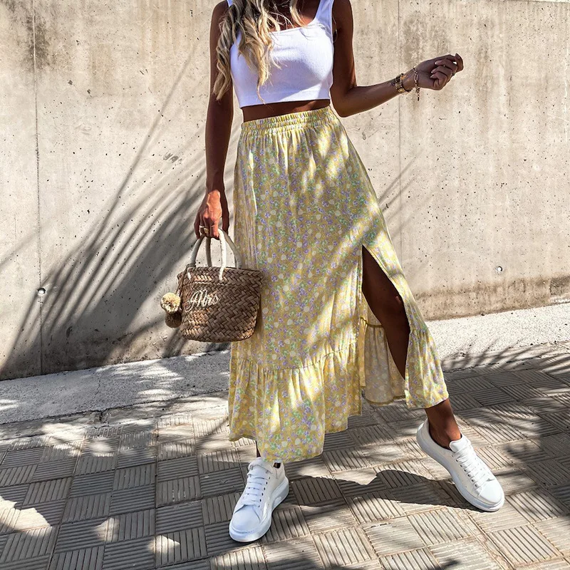 Женская длинная юбка с цветочным принтом Повседневная пляжная А силуэта