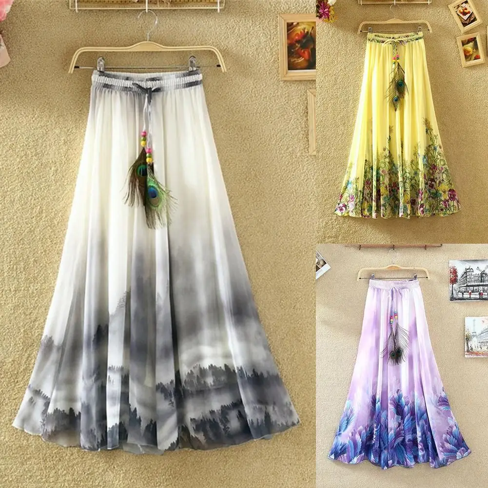 

Summer Beach Bohemian Women Chiffon Flower Print Drawstring Maxi Long Skirt