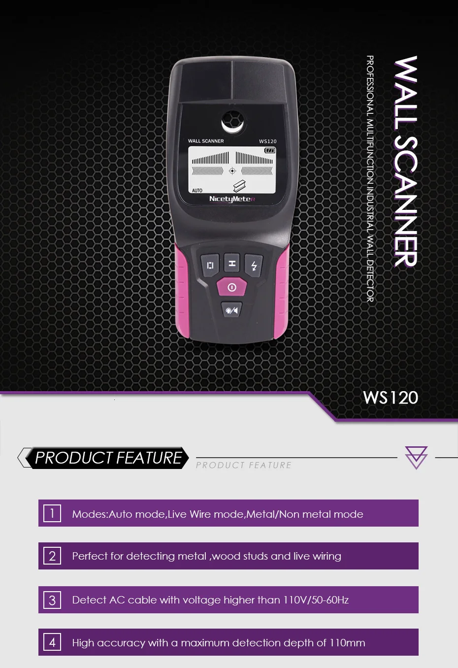 NicetyMeter WS120 3 в 1 металлоискатель найти настенный сканер деревянный кабель Электрический провод Стад искатель с светодиодный звуковой сигнализацией