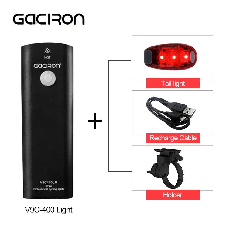V9C-400-Black GACIRON 400~ 1800 лм велосипедный светильник PRO велосипедный головной светильник с хвостом светильник USB внешний аккумулятор IPX6 светодиодный светильник для горного велосипеда - Цвет: V9C-400-Black