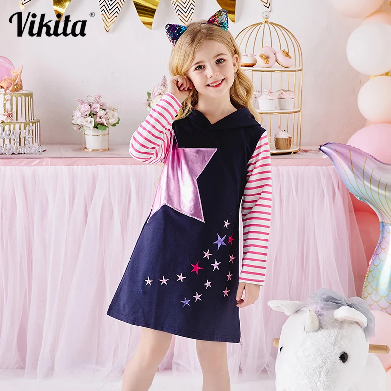 

VIKITA Kids Hooded Dress for Girl Children Striped Vestidos Girl Star Embroidery Clothes Girls Autumn Clothes Kids Hoodies Dress