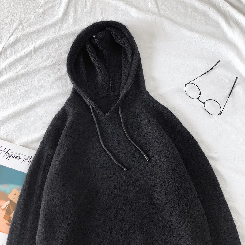 Winter Hooded Sweater Men's Warm Fashion Solid Color Casual Knit Pullover Men Wild Knitting Sweaters Male Sweter Clothes M-2XL - Цвет: black