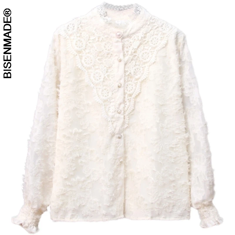 

Women's Clothing Blouses&Shirts Plus Size Spring 2021 Fashion Casual Stand Collar Hollow Out Lace Tops