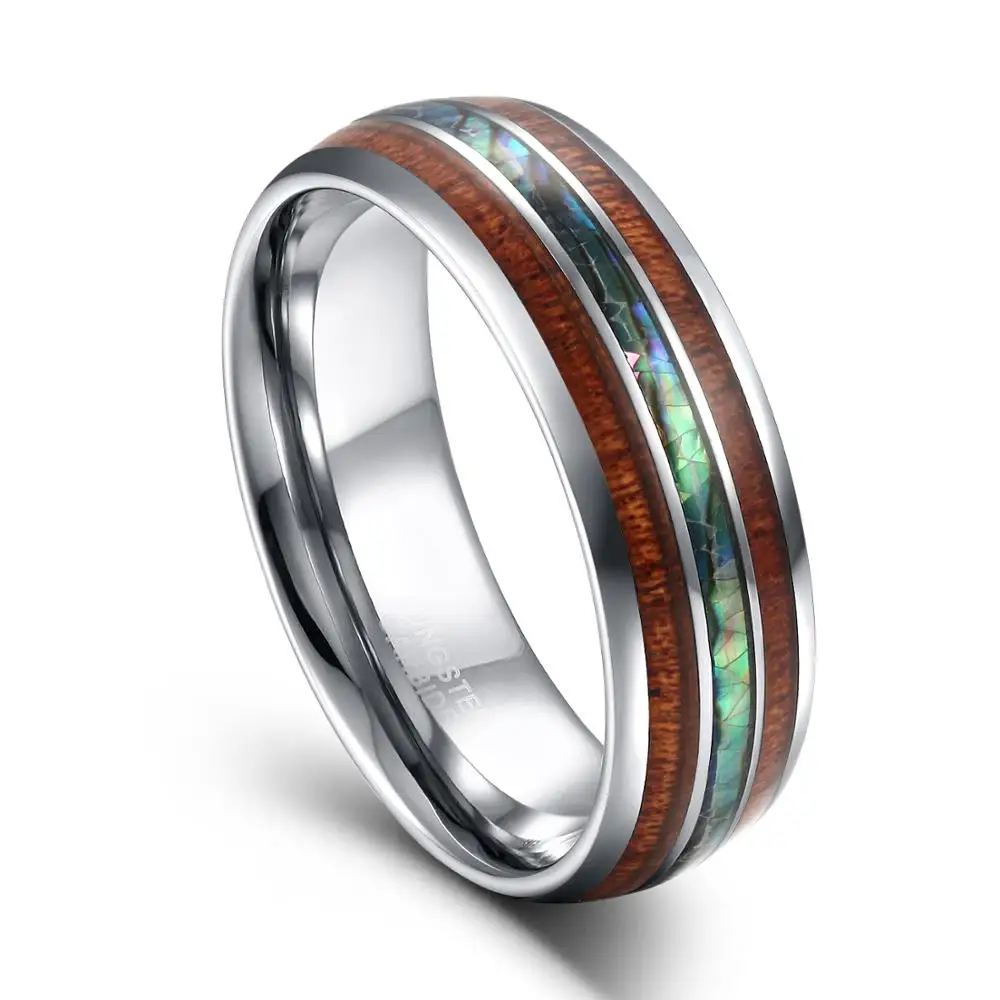 TIGRADE 8mm Tungsten Carbide Rings Hawaiian Koa Wood and Abalone Shell Wedding Bands for Men Comfort Fit Size 6-13 Brand bague