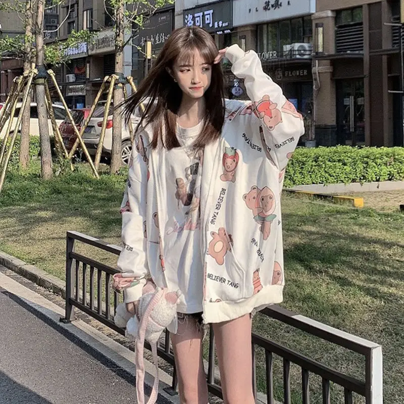 Summer 2021 Fashion Zip Up Cute Bear Sweetshirt Vintage Long Sleeve Spring Clothes Women Hoodies Coat Loose Harajuku Tops New