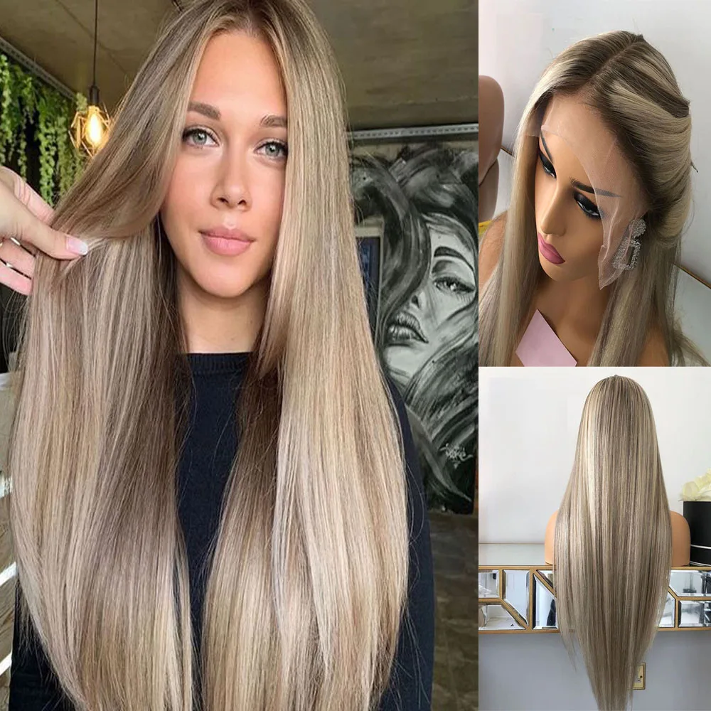 

Ombre Brown Root Blonde Highlights 13x4 Lace Front Wigs Straight Middle Parting Bleached Knots Lace Frontal Wigs