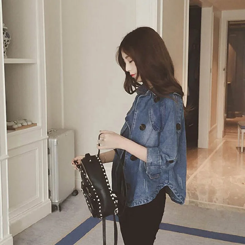 

Новинка весна-осень свободная короткая дикая приталенная повседневная куртка в Корейском стиле куртка с рукавом три четверти накидка джин...