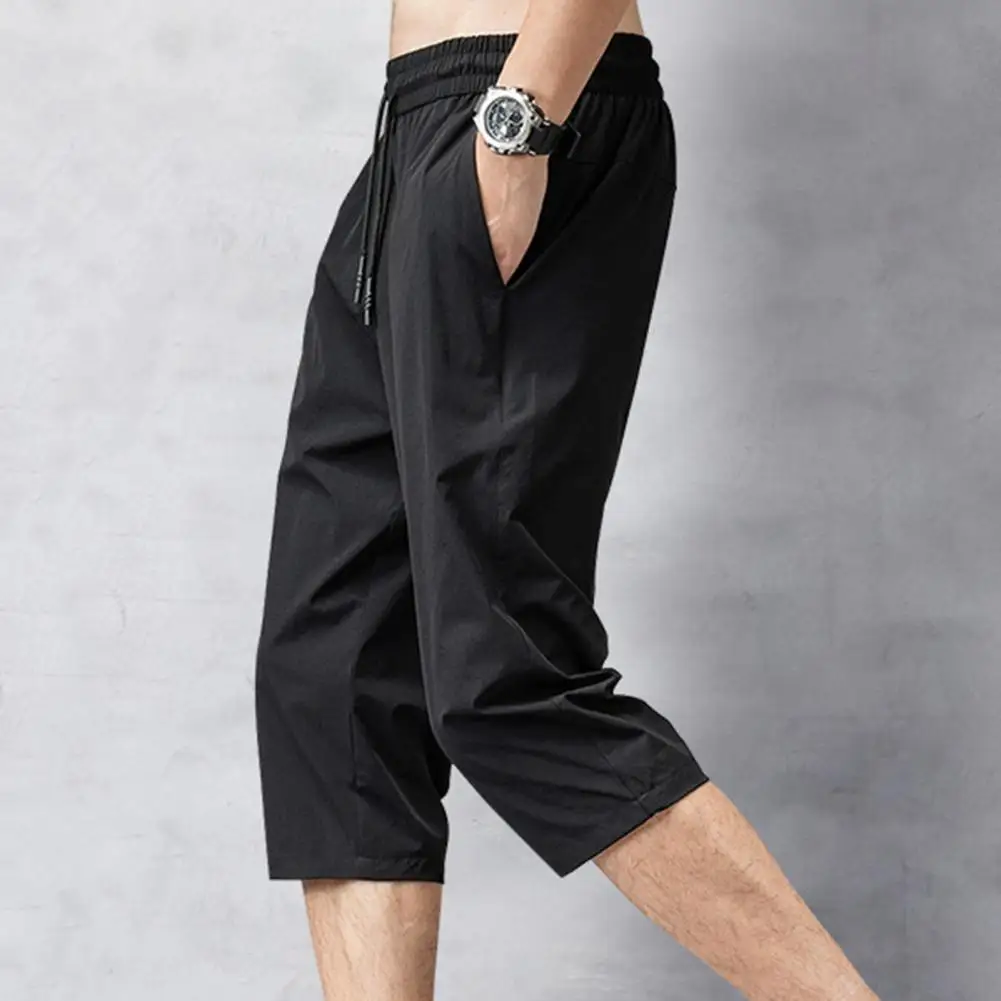 

Мужские шорты, летние тонкие однотонные брюки-Капри с эластичным поясом, мужские укороченные брюки со шнуровкой длиной 2021, мужские длинные ...