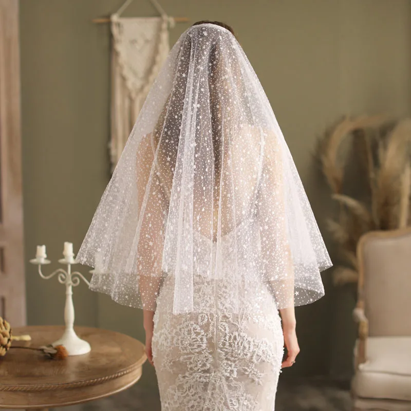 

SLBRIDAL Two-Layers White Lace Stars Bridal Veils With Combs Wedding Veils Wedding Wear Accessories For Bride Mariage Women