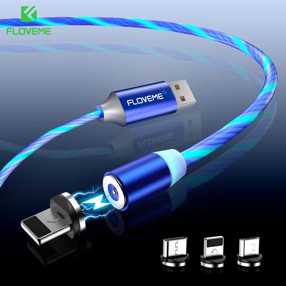 Магнитный зарядный кабель FLOVEME со светодиодной подсветкой Micro USB Type-C для iPhone Samsung