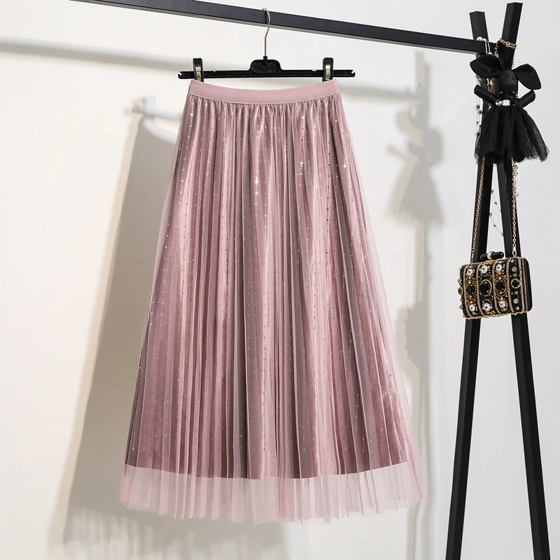 Длинная Тюлевая юбка осень зима блестящая бархатная бежевая серая зеленая