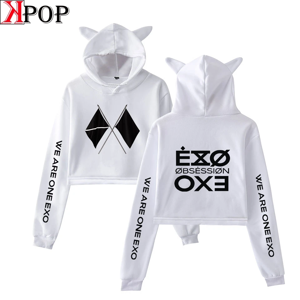 Женская укороченная Толстовка EXO harajuku модная толстовка с капюшоном и кошачьими