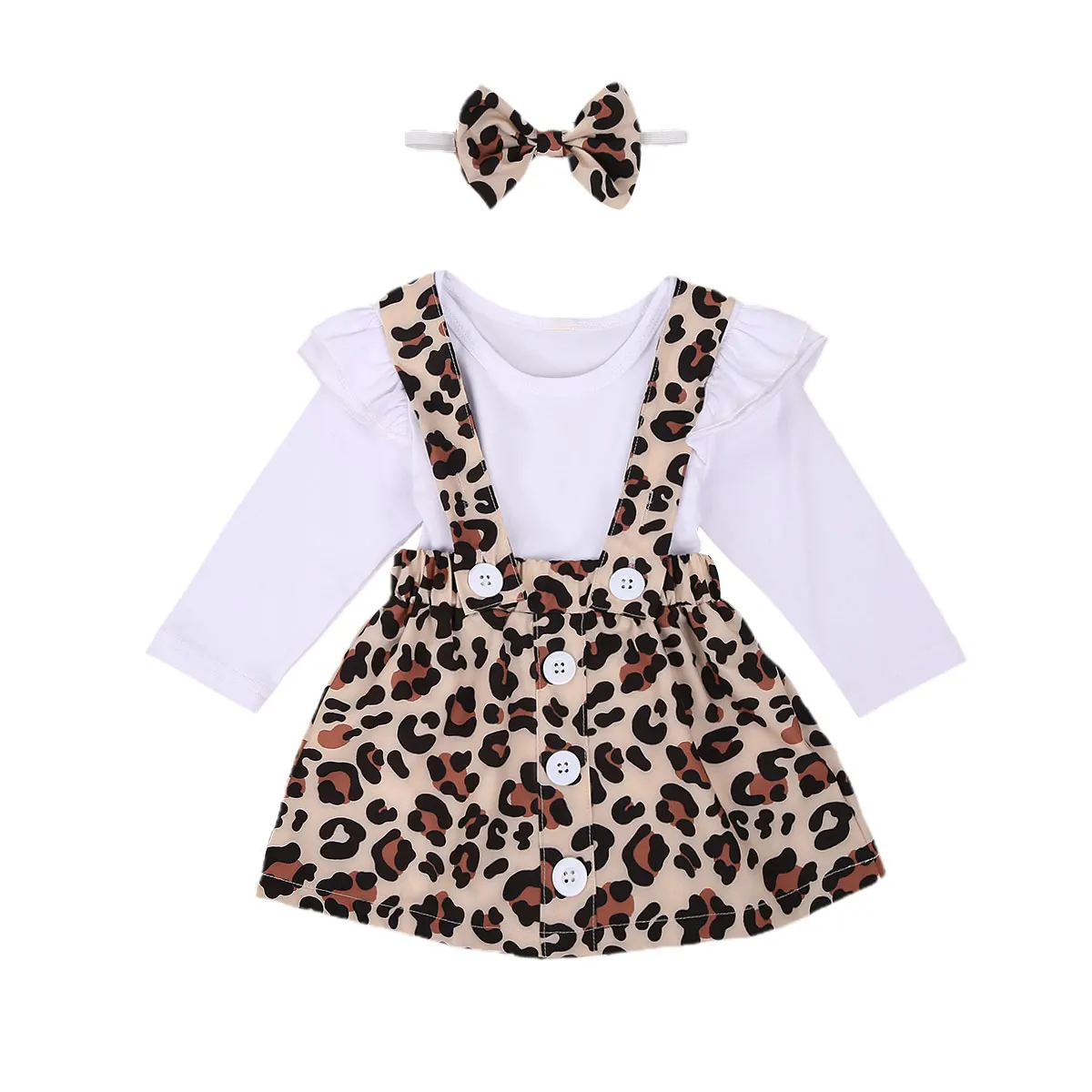 

2020 Cute Newborn Baby Girl Long Sleeve Cotton Bodysuit Tops Leopard Suspender Skirt Headband 3PCS Princess Girls Clothes Set
