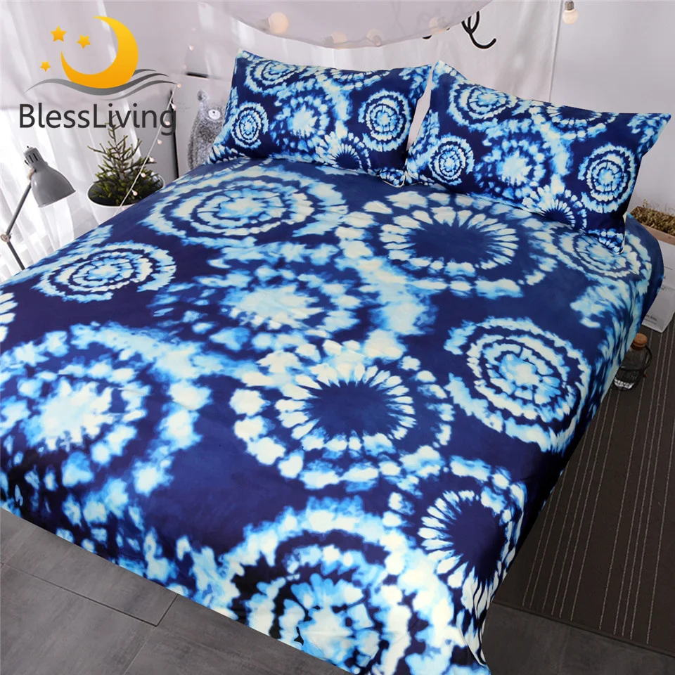 

BlessLiving 3 Pcs Blue Tie Dye Bedding Set Boho Indigo Bedspreads Chic Blue and White Watercolor Duvet Cover With Pillowcases