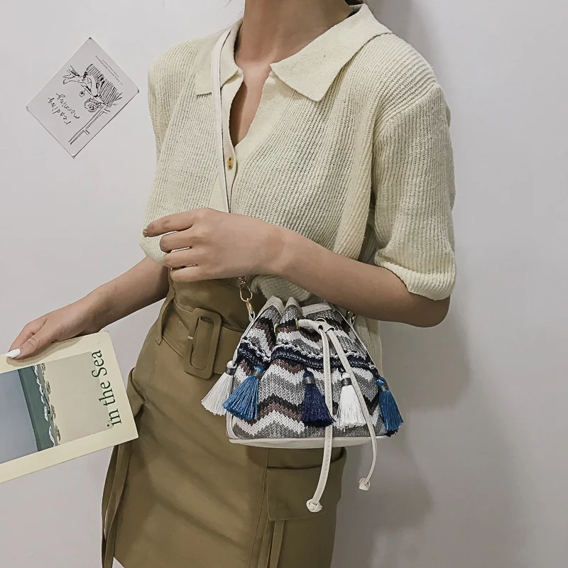 Богемная женская сумка через плечо для отдыха тканая на шнурке сумка-пельмень