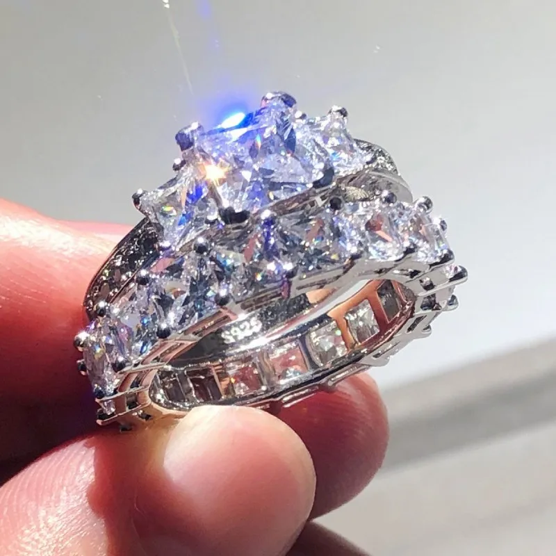 Blue Модные кольца из стерлингового серебра 925 пробы для женщин, классические квадратные кольца с тремя камнями и искусственным бриллиантом, набор свадебных колец, Женские Ювелирные изделия 925 - Gem Color: Blue