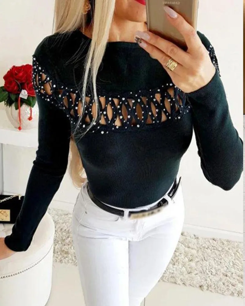 

2021 autumn new fashion black chest hollowed out long sleeve round neck top for women