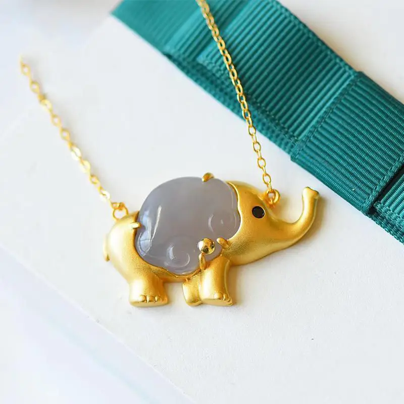 

Natural Hetian Elephant Pendant Smoke Green Jade Lucky Elephant Lock of Good Wishes Necklace S925 Sterling Silver Ethnic Style
