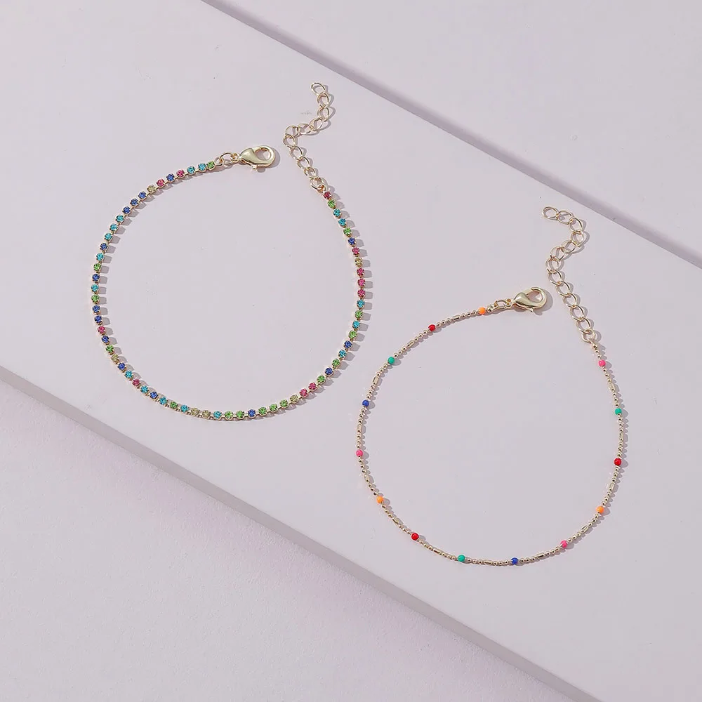 

2 Pieces Women's Sparkling Rainbow Color Rhinestone Anklet Set For Summer