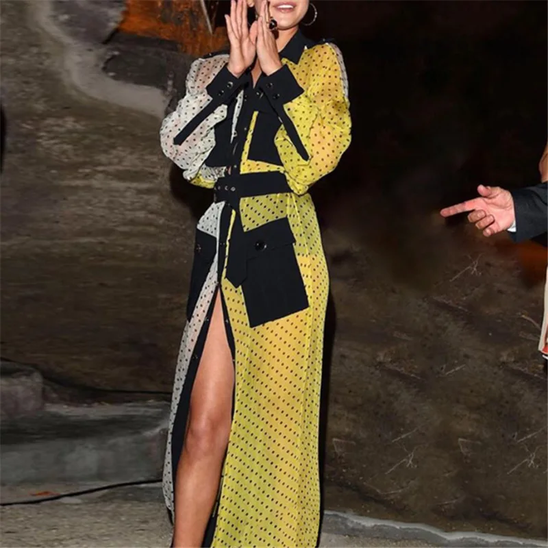 

Dot Printing Women Turn-down Collar Dresses 2021 Spring Hottest Long Sleeve Single-Breasted Sashes High Split Mesh Party Dresse