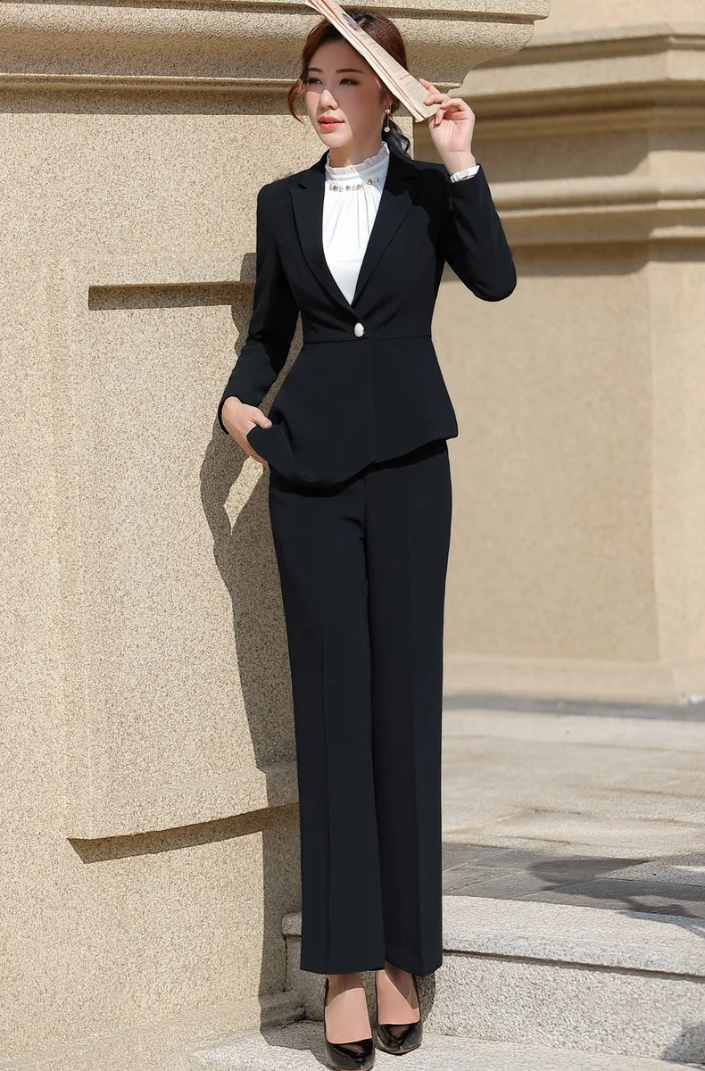 black jacket trouser Белый офисный костюм, Женская юбка, асимметричные оборки, куртка, юбка, комплект, коллега, студенческий, интервьюер, Рабочий костюм 80879 - Цвет: black jacket trouser
