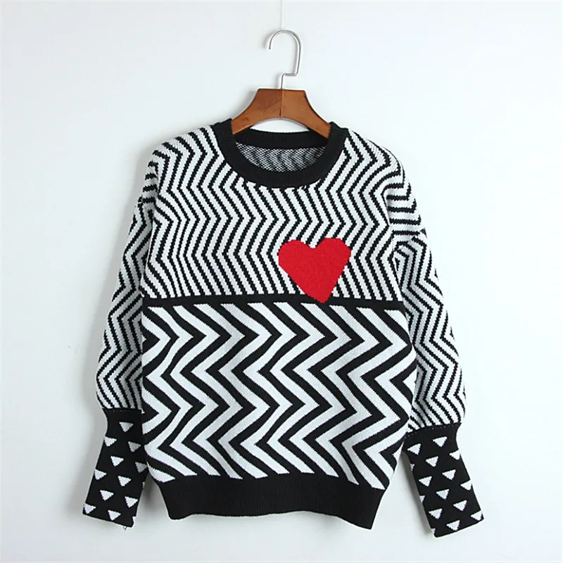

Zoulv 2020 Wavy Stripe Color Matching Knitted Love Pullover Personality O-Neck Long Sleeve Sweater Street Students Cute Tops