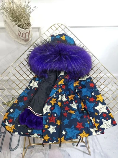 Star Voilet Fur Children Winter Jacket Graffiti Boys Girls Real Fur Coat Thick Warm Rabbit Fur Kids Jacket Coat Furry Natural Fur Collar TZ428 - Цвет: Star Voilet Fur