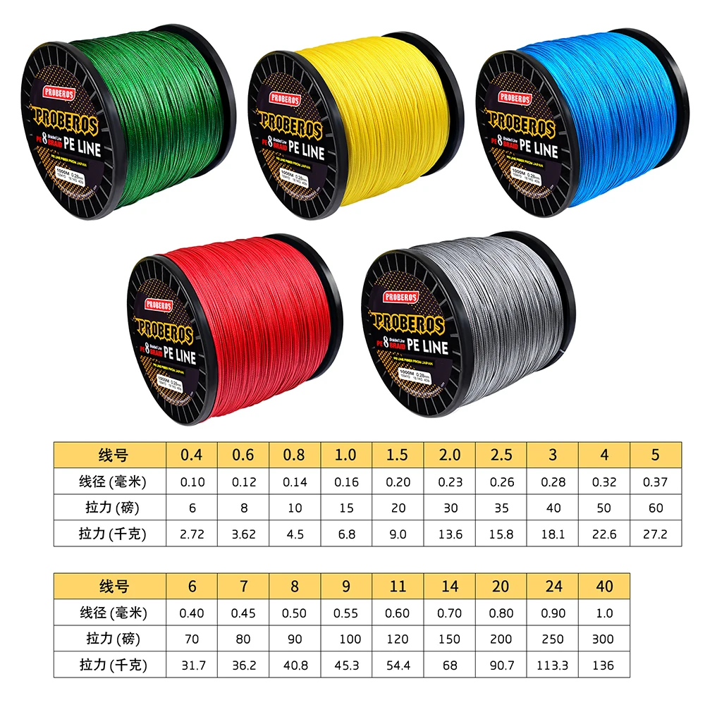 Proberos Fishline 8 stands 300M&500M&1000M&2000 Fishing Line Red/Green/Grey/Yellow/Blue 8 Weaves Braided Line 20LB-300LB PE Line