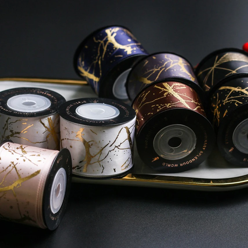 10Yards Gold Foil Marble Satin Ribbons DIY Crafts Hair Accessories Valentine's Gift Wrapping Packing Tape Craft Ribbon Home Deco