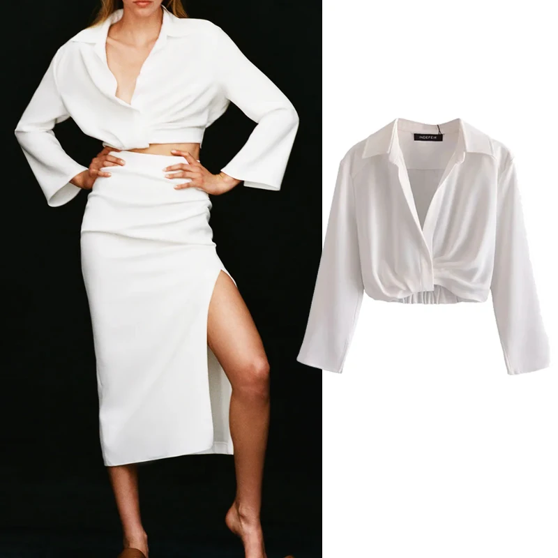 

Za 2021 White Shirt Woman Pleated Crop Top Women Blouse Fashion Long Sleeve Summer Top Chic Streetwear Elegant Blouses