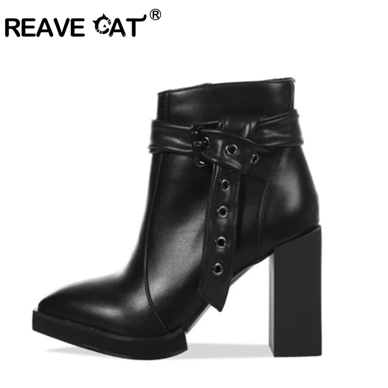 Женские ботильоны на платформе REAVE CAT черные короткие ботинки высоком блочном