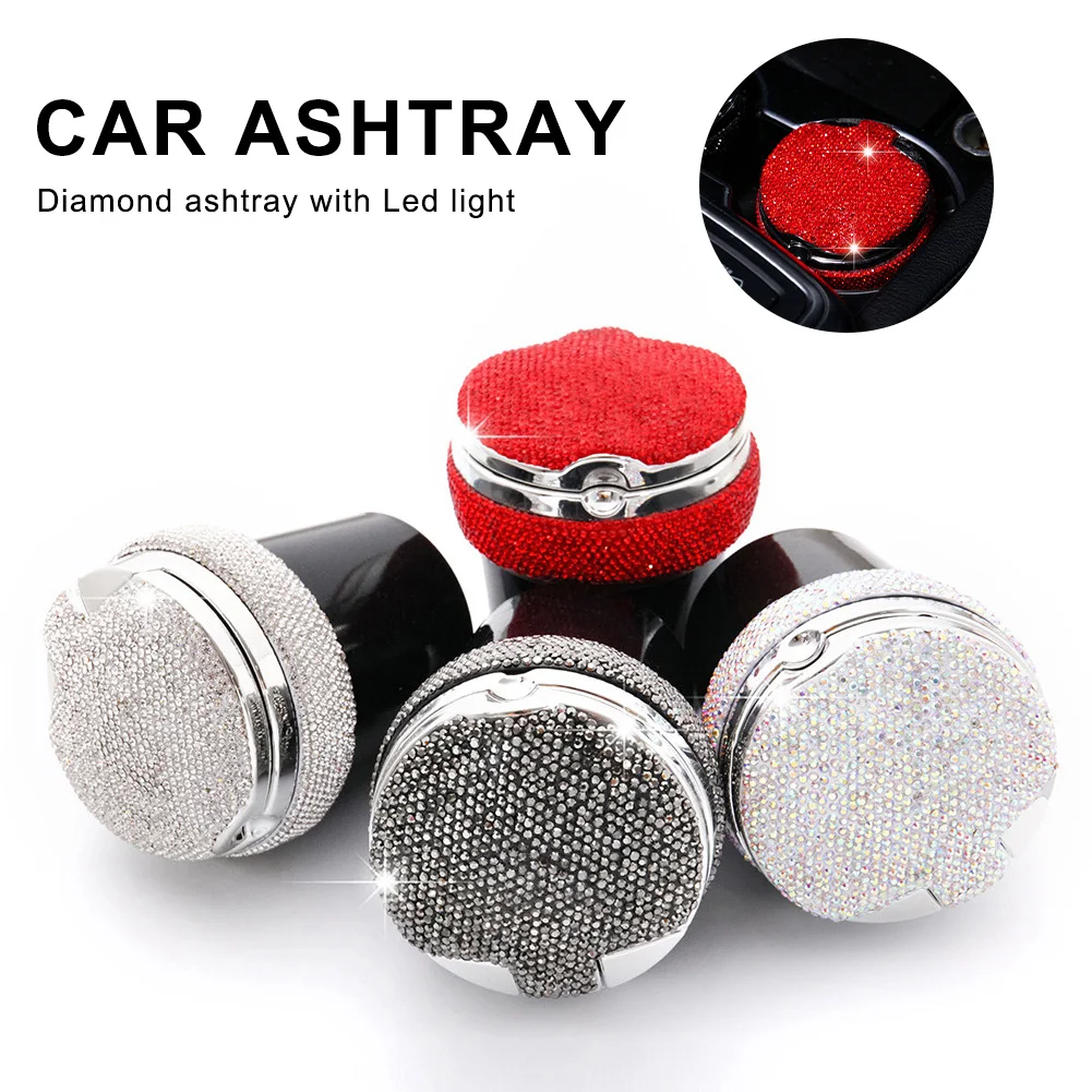 

New Car Ashtray Shiny Ash Tray With LED Light Blue Bling Crystal Rhinestones Ashtray Car Styling Interior Accessories For Women