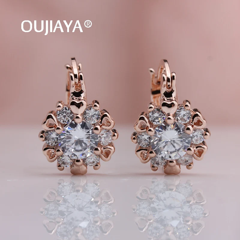 

OUJIAYA Round White Natural Zircon Drop Earrings Wedding Love flower 585 Rose Gold Dangle Earrings Birthday Gift Jewelry A230