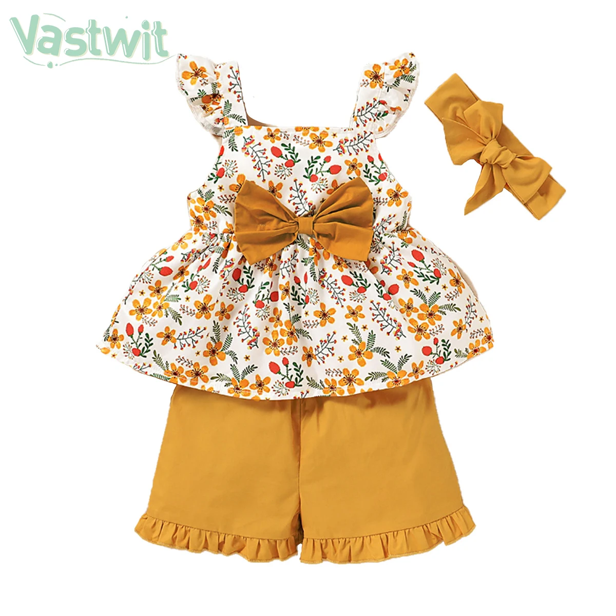 

Summer Toddler Baby Girls Clothes Set Sleeveless Bowknot Floral Print Suspender Tops+Ruffles Shorts Outfits For 12Months-4Years