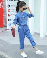 autumn spring childrens outfits girls denim clothes suits solid blue blouses loose jeans pants casual cargo clothing sets