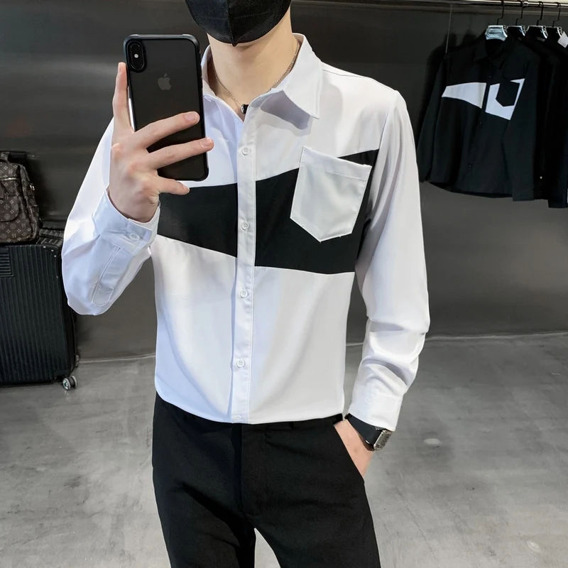 2021 Autumn Splicing Shirt for Men Long Sleeve Slim Streetwear Social Casual Shirt Nightclub Party Male Clothing Chemise Homme