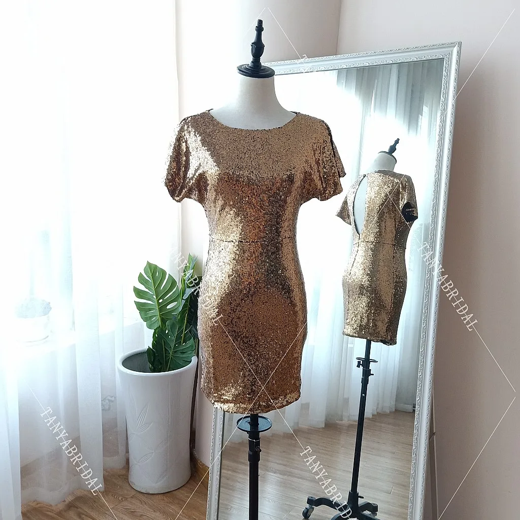 Коктейльные платья с золотыми блестками, короткие рукава, Мини модное женское платье для выпускного вечера, коктейльное платье