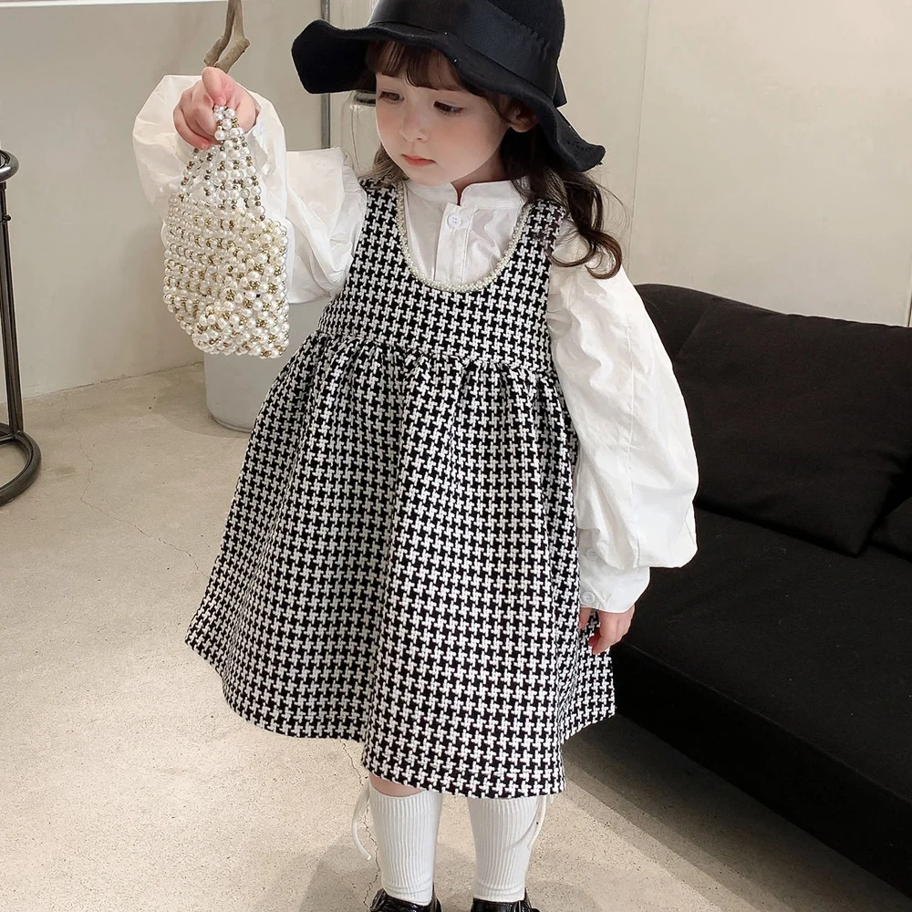 Комплект одежды для девочек с клетчатым принтом осень 2022 детская одежда белая