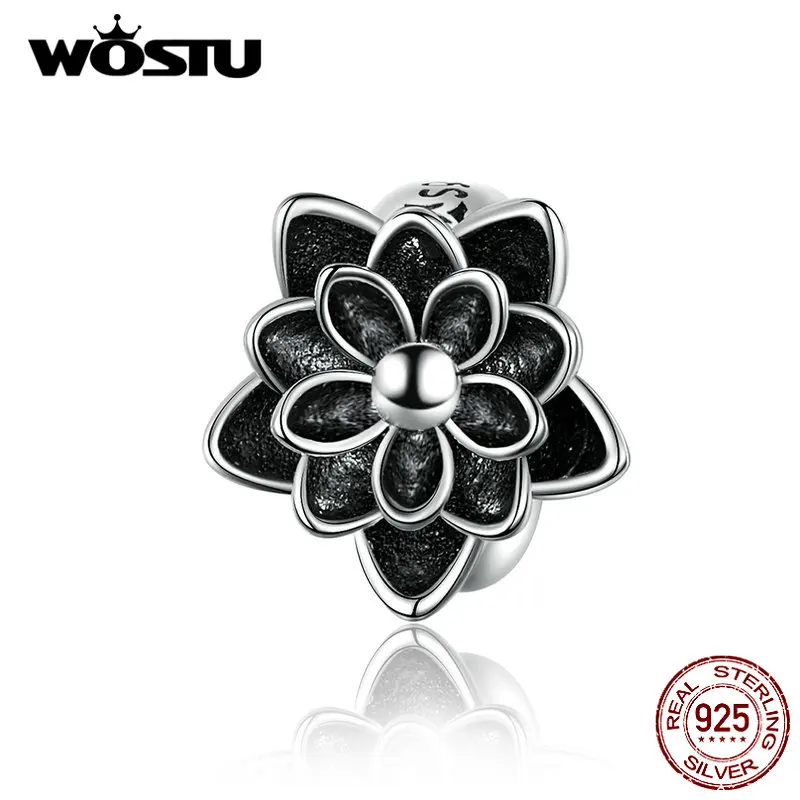 

WOSTU Classic Lotus Flower Beads 925 Sterling Silver Black Enamel Fit Original DIY Bracelet Silicon Charm Jewelry CQC1196